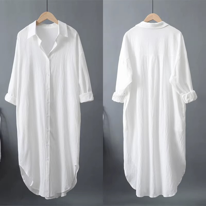 New White Sun Protection Shirt for Women 2023 Summer Anti-Uv Loose Breathable Long Cotton and Linen Shirt Dress