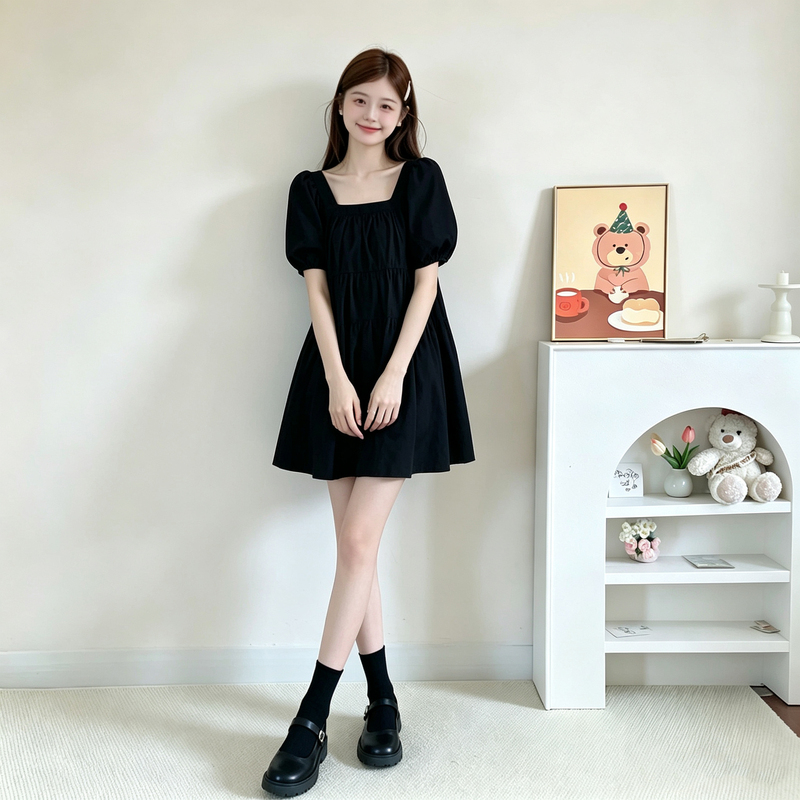 Summer French Hepburn Style Black Square-Neck Dress for Petite Women, Loose and Slimming, Vacation A-Line Dress, Little Black Dress