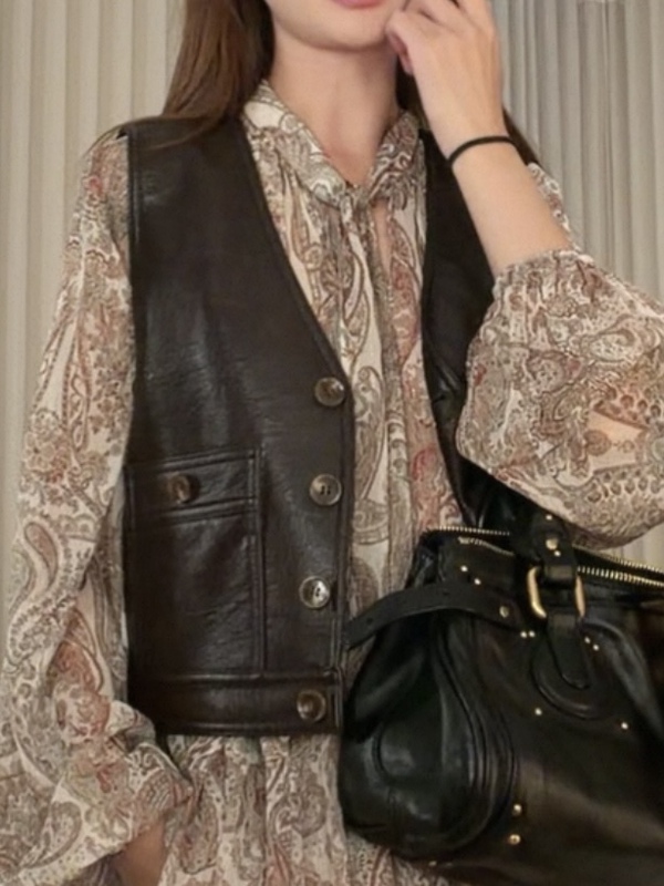 Modeltear Queen Band Paisley Shirt & Dark Brown Leather Vest Autumn New Versatile Style