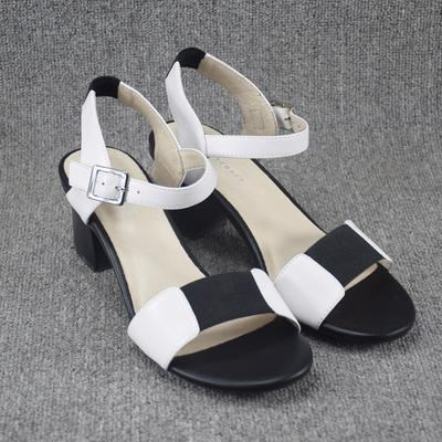 Summer genuine leather chunk-heeled sandals for women, mid-heel one-strap elastic band, fashionable high-heeled open-toe sandals for women