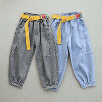 Girl Spring Autumn Money Old Daddy Pants Baby Loose Version Denim Long Pants Children Fashion Tide Cool Splicing Bunch Foot Pants Boots Pants