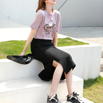 Womens dress Summer medium long straight cylinder half body dress High waist open fork Hip Skirt Black slim loose 100 lap dresses