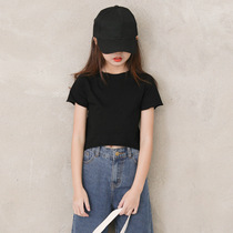 Summer new childrens clothing short sleeves T-shirt girl round collar wave edge front short rear long brief approximately 100 hitch a short and large child