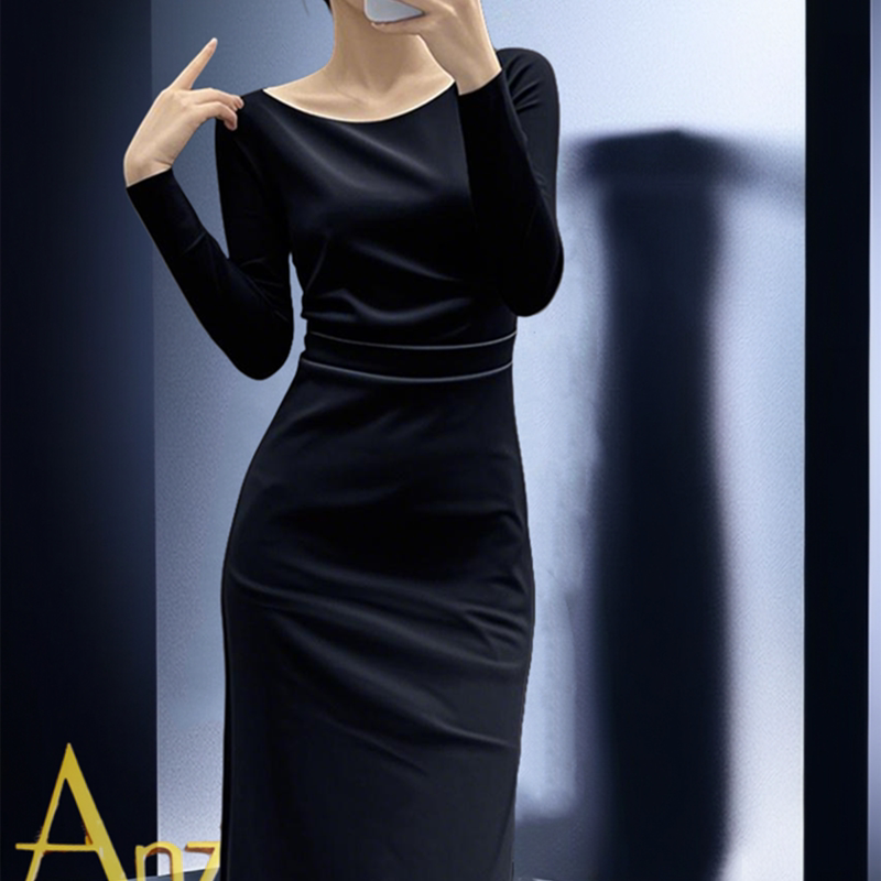 Spring and Autumn Black Long-Sleeved Dress for Women, Mid-Length Elastic Boat Neck Tight Dress with Side Slits, Slim Fit Dress for Women
