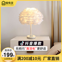  Warm and romantic feather table lamp Nordic decoration bedroom wedding room bedside table lamp Net red ins girl creative lighting