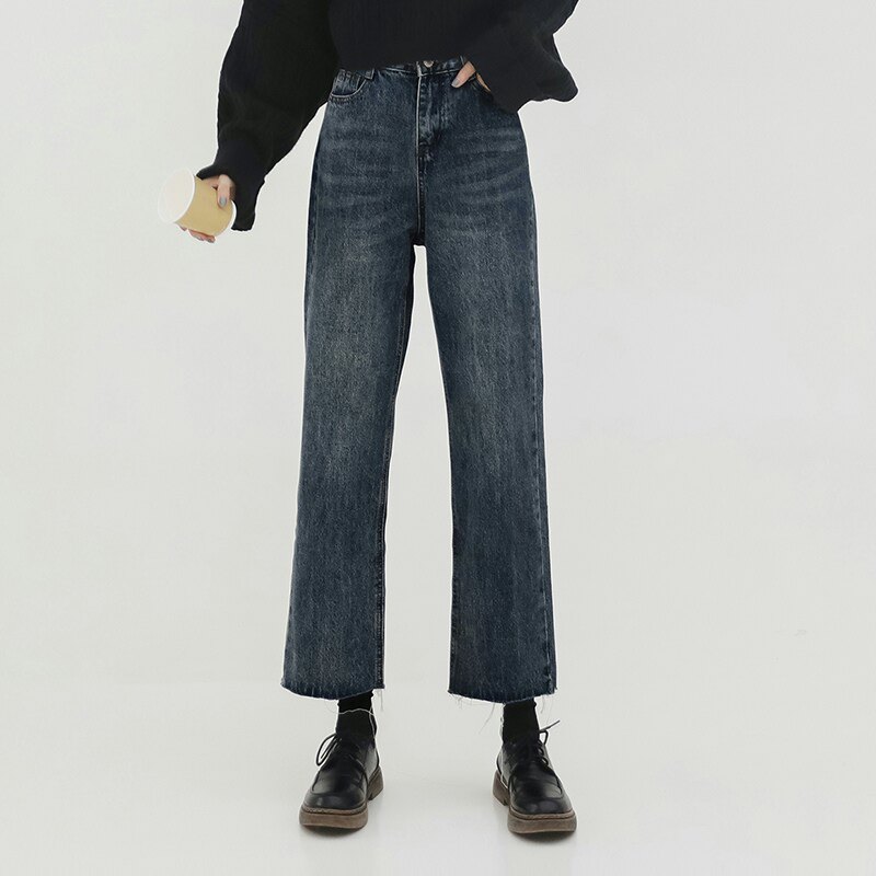 Pear-shaped fat sister girl wearing thin legs, big-size broad-legged jeans loose and high waist