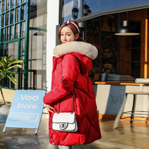 2021 new Euros Europe station big fur collar white duck suede little sub over the knee down to the womens mid-long-ins surge