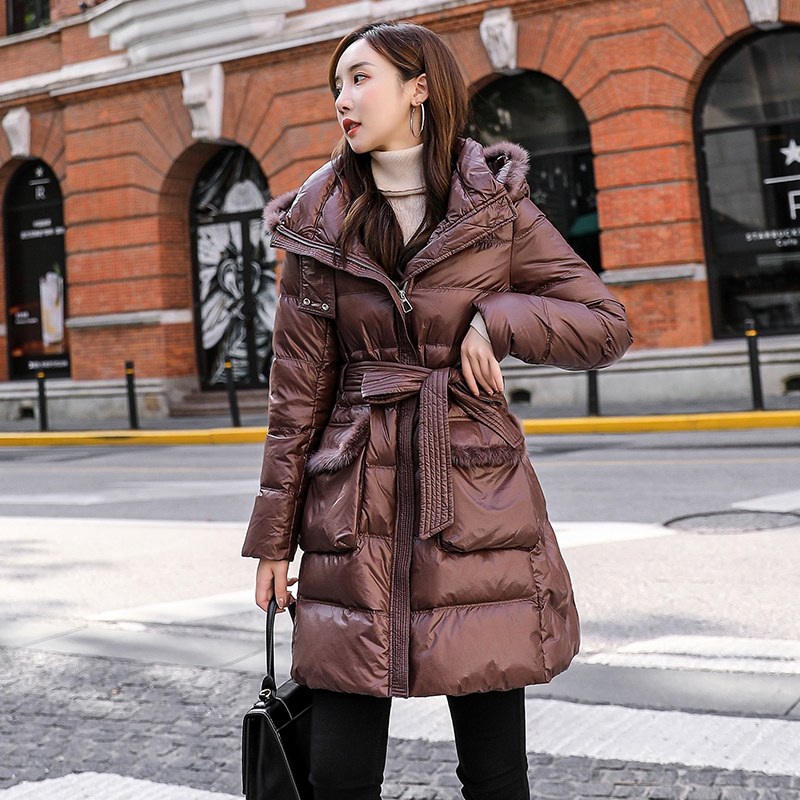 2022 new hot style European station European goods small shiny down jacket women's lace-up winter jacket mid-length version