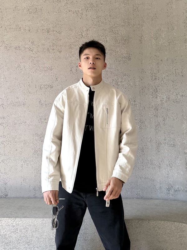 Dontworry Original Autumn Apricot White High-Density Twill Pure Cotton Unisex Versatile Stand Collar Jacket Casual Coat