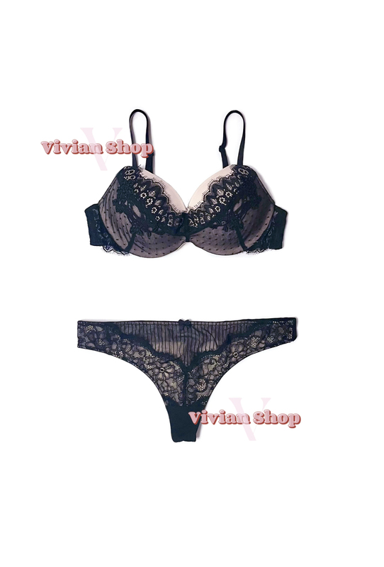 Dutch Hunkemoller Super Beautiful Sexy Skin with Black Eyelash Lace Intimates Bra Set 70C75B