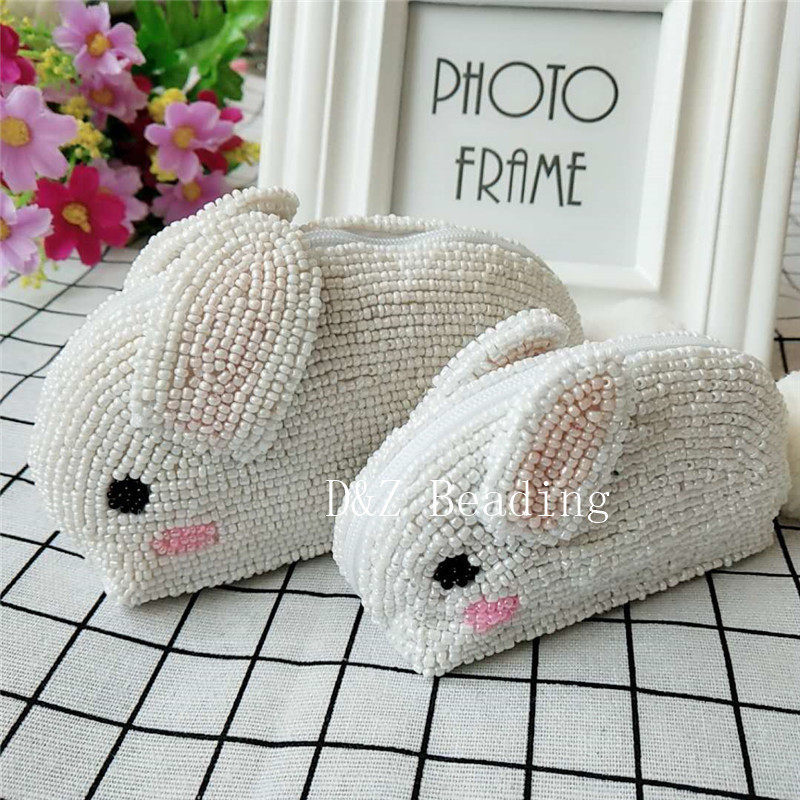 Manufacturer Direct Selling Pure Handmade String Beads Wallet Woman Cartoon Cute White Solid Money Big Rabbit Zero Wallet Card Bag