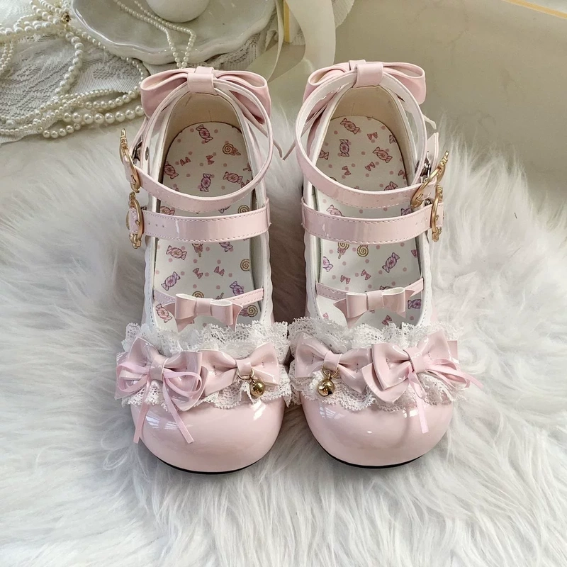 Ribbon Bunny Bow Original Lolita Mid-Heel Shoes for Women, Chunky Heel Lo Shoes, Cute Lolita Leather Shoes for Students
