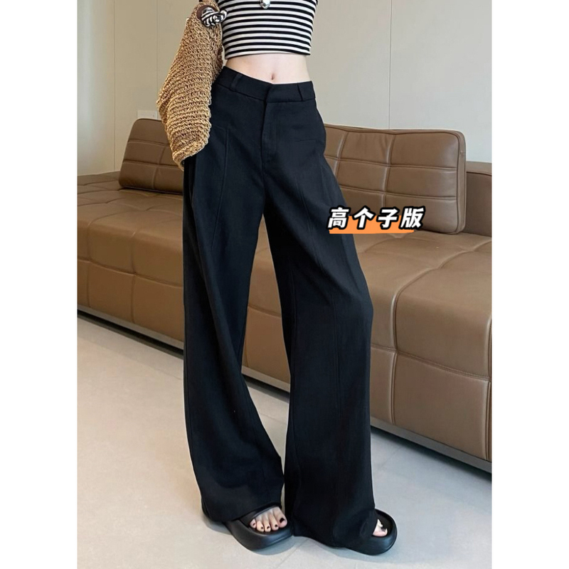 The Moon Tall Black Linen Wide-Leg Pants with an Old Money Style, Spring and Summer Straight-Leg High-End Floor-Length Pants