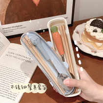 Cute chopsticks spoons cutlery box stainless steel set portable single-pack one-person storage box for students and children