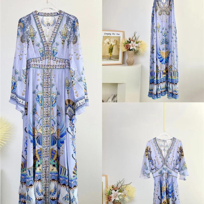 2024 Spring and Autumn New Women's Dresses Holiday Style Printed V Neck Silk Slim Skirt Long Skirt Series 2024 Spring and Autumn New Women's Dresses Holiday Style Printed V Neck Silk Slim Skirt Long Skirt Series