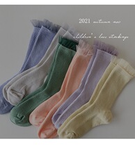 2022 Spring new Korean childrens socks girl sweet beauty princess pure color mesh yarn lace pit strip cotton midway socks