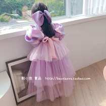 Bao Xiaoyu 2021 spring girls bubble lamp sleeve bow cake mesh dress Princess jumpsuit