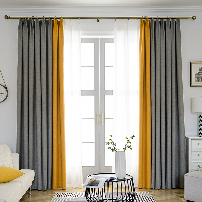 Grey Yellow Splicing Curtain Bedroom Full Shading Cloth Sun Protection Living Room Finished Modern Minima Nordic Parquet Light Lavish