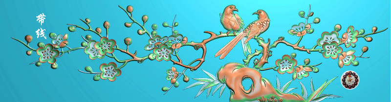 0453 Plum Blossom Bird and Magpie Bird Are Depicted on a Flower Panel with Finely Carved Relief in Grayscale Bmp Format Wood and Stone Carving Images