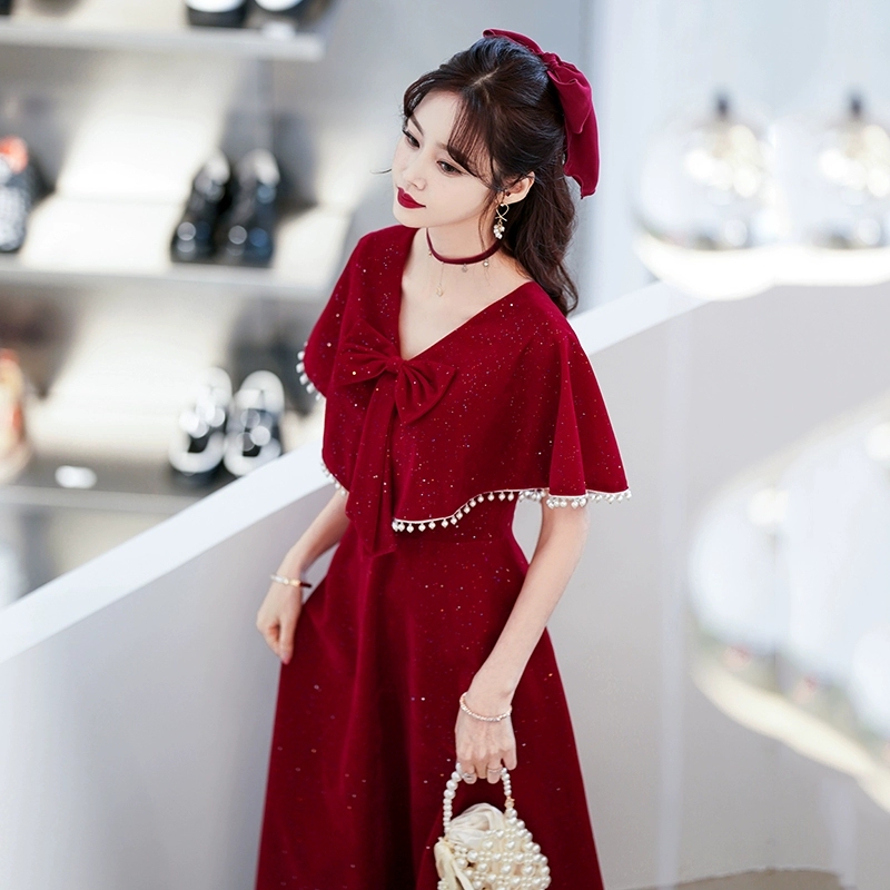 Plus-Size Toast Dress for the Bride, Spring and Summer, Slimming, Tummy-Covering, Burgundy, High-End, for Chubby Women, Wedding and Engagement Dress Plus-Size Toast Dress for the Bride, Spring and Summer, Slimming, Tummy-Covering, Burgundy, High-End, for Chubby Women, Wedding and Engagement Dress
