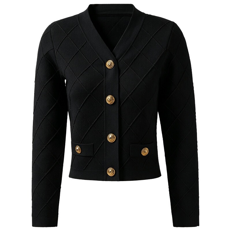 Balmanjina Autumn Short Knit Cardigan Top with V-Neck, Gold Buttons, High Waist, Long Sleeves, Sweater Jacket