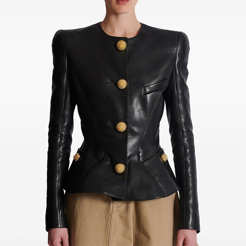 Balmain Gina 2025 Early Spring New European and American Celebrity Style Slim-Fit Leather Jacket with Snail Metal Buttons