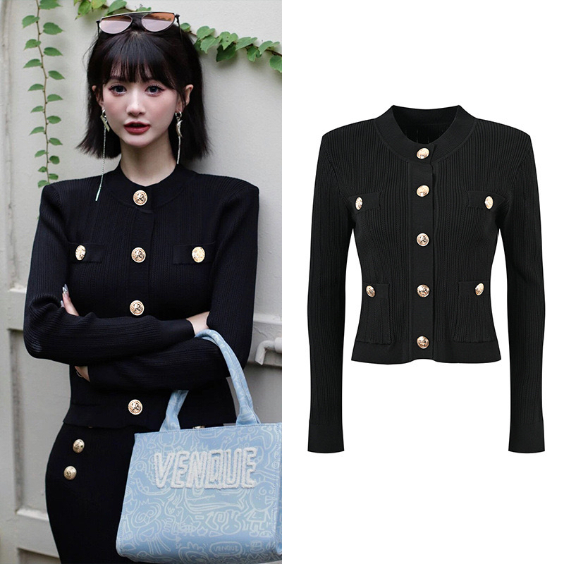 Balmain Gina's New Spring Style Metal Buckle Round Neck Elastic Slim Fit Knitted Cardigan Top