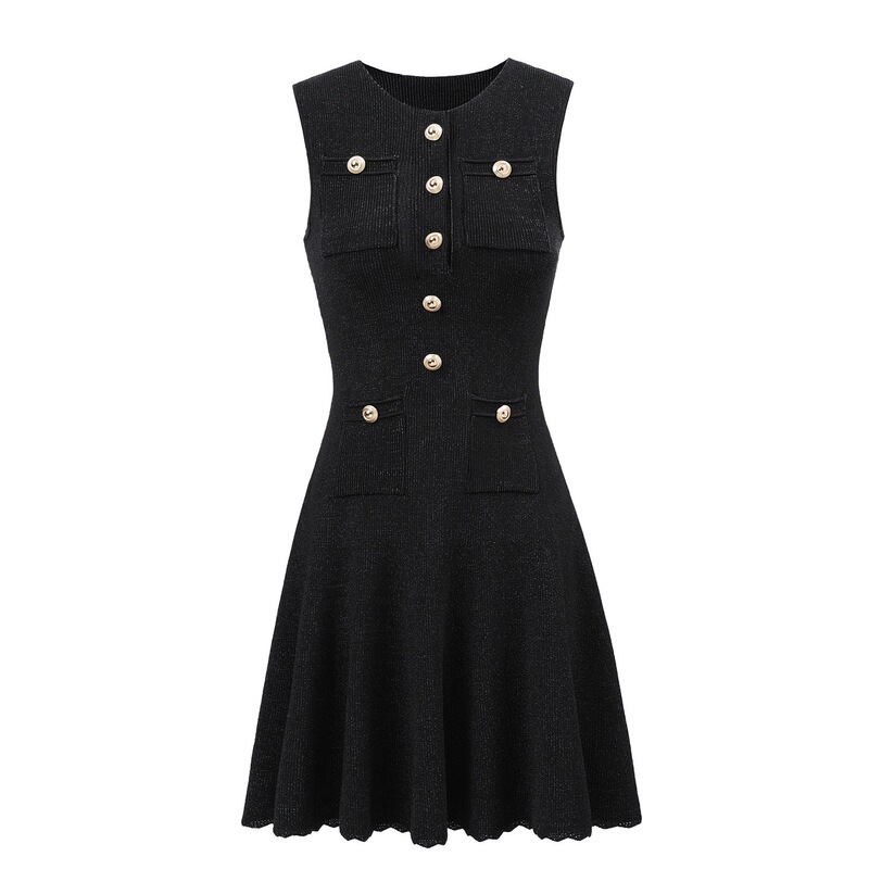 Effie Balmain Sp2026 Summer Chanel-Style Sleeveless Slim A-Line Skirt Black Elegant Knitted Dress Effie Balmain Sp2026 Summer Chanel-Style Sleeveless Slim A-Line Skirt Black Elegant Knitted Dress