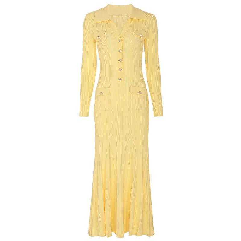 Balmanjina 2026 Spring and Autumn New Fashion Knitted Lapel Slim Fit Fishtail Long Sleeve Dress