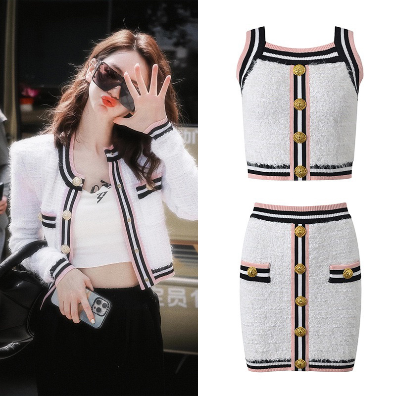 Balmanjina French-Style Round-Neck Gold-Button Cardigan Top + Short Vest + Hip-Hugging Skirt Set