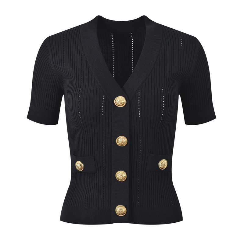 Balmanjina 2025 Summer New Style Chanel-Inspired V-Neck Hollow-Out Slim-Fit Knit Short-Sleeve Sweater Top
