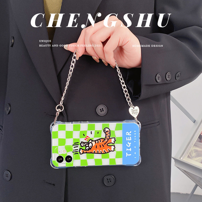 iphone13promax mobile phone protective shell Chessboard Lattice Tiger applies Apple 12 Four corner drilling transparent hand chain Huawei mate40pro anti-fall green xsmax