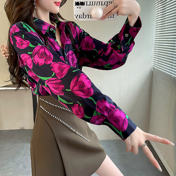 Fat mm chiffon shirt covers the belly and looks slimming shirt temperament floral top women's new 2023 sun protection long-sleeved floral shirt