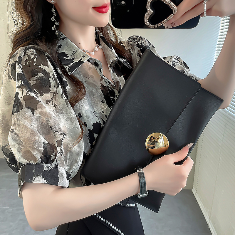Unique Printed New Chinese Style Top 2024 Summer Elegant Slimming Puff Sleeve Shirt Ink Color Embroidered Shirt for Women