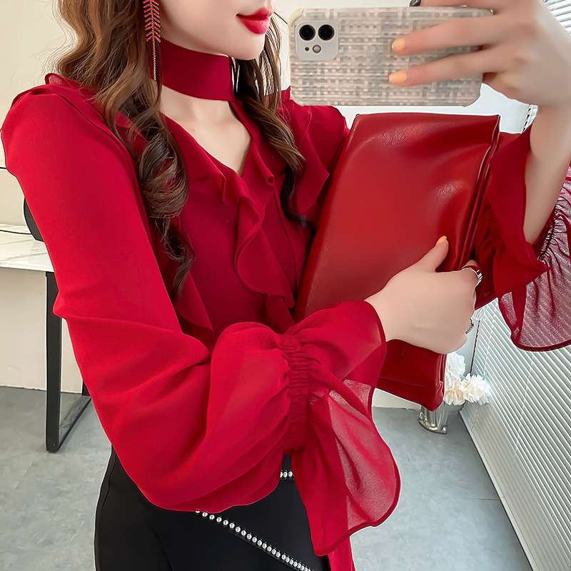 Red Elegant Socialite-Style Halter V-Neck Blouse for Women, Loose and Stylish with Ruffled Chiffon Long Sleeves, Autumn Red Elegant Socialite-Style Halter V-Neck Blouse for Women, Loose and Stylish with Ruffled Chiffon Long Sleeves, Autumn