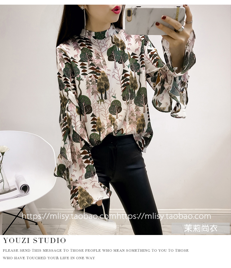 Hoa áo sơ mi nữ dài tay áo 2018 mùa xuân mới Han Fan ngọt ngào hoa voan áo Hồng Kông hương vị retro chic áo sơ mi áo sơ mi nữ công sở