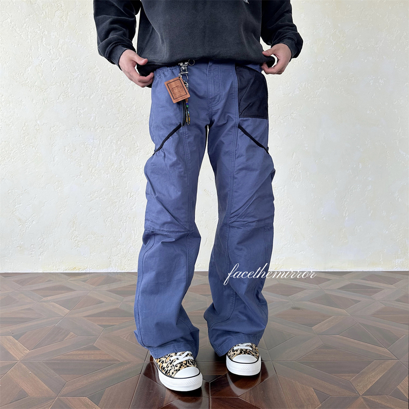 Ftm American Retro Vintage Washed Distressed Cross-Pocket Cargo Pants Scimitar Wide-Leg Gardener Pants for Men
