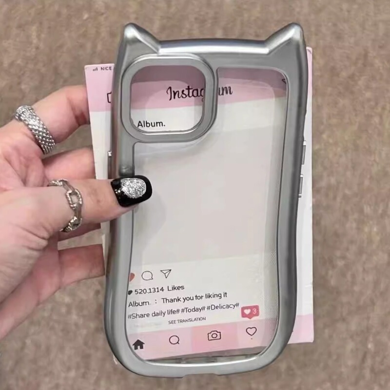 ins Simple 3D Cat Ear Phone Case Suitable for iPhone 17 Pro Max, Large Hole for iPhone 16, Cute Silver for iPhone 12, Niche Design for iPhone 14 Plus, New Model for iPhone 13, Transparent Phone Case for iPhone 11/Xr