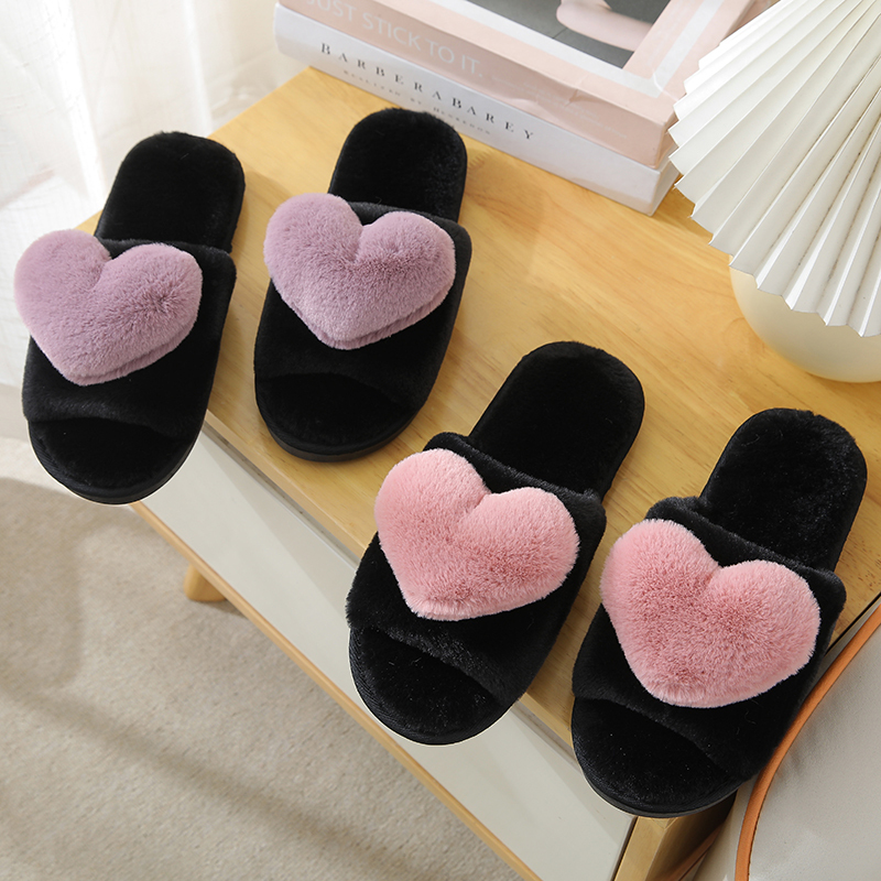 New Spring and Autumn Furry Open-Toe Slippers, Comfortable Home Slippers, Cute and Sweet Heart-Shaped Plush Lazy Slippers
