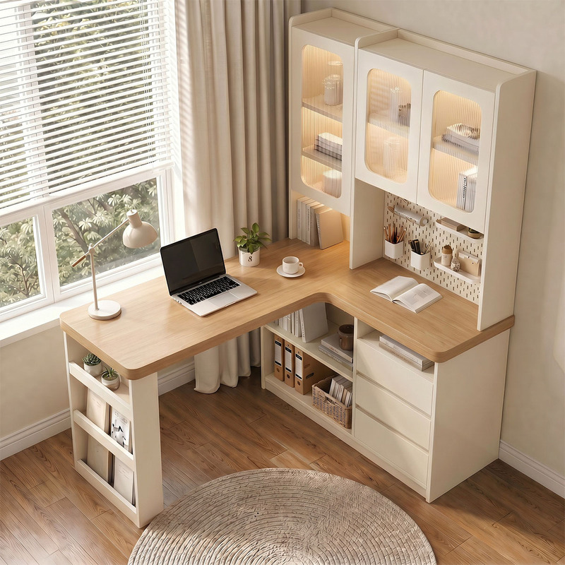 Natural Wood Corner Desk with Long Rainbow Glass Cabinet, Bedroom Pegboard Storage Integrated Wall-Mounted Computer Desk Natural Wood Corner Desk with Long Rainbow Glass Cabinet, Bedroom Pegboard Storage Integrated Wall-Mounted Computer Desk