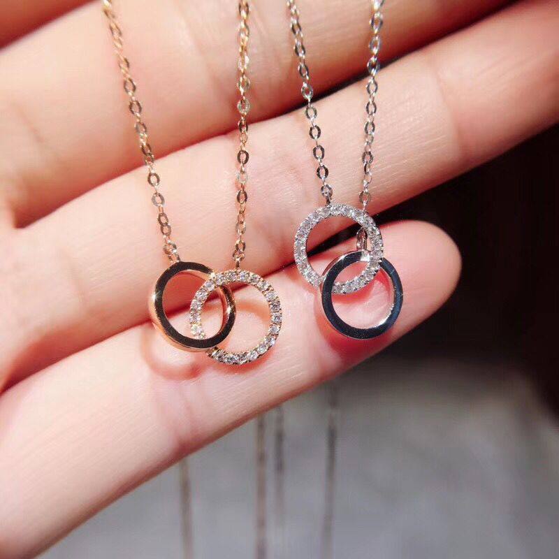 White 18K gold insert drilling double ring necklace life connection can be worn