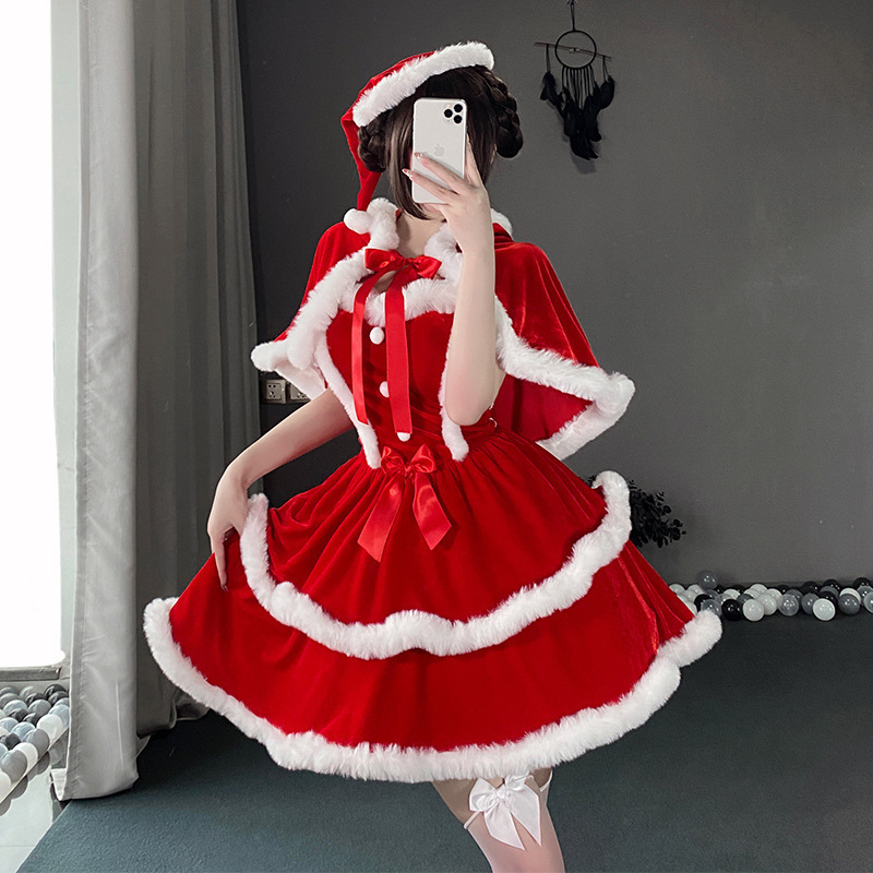 Plus-Size Pajamas, Christmas Outfit, Atmospheric Cosplay Costume, Sexy Red Velvet Suit, Plush Dress and Cape Set Plus-Size Pajamas, Christmas Outfit, Atmospheric Cosplay Costume, Sexy Red Velvet Suit, Plush Dress and Cape Set