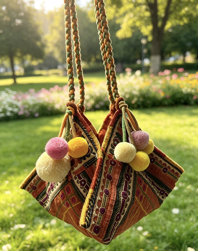 Indian Bangala Vintage Fabric Pom-Pom Shoulder Bag