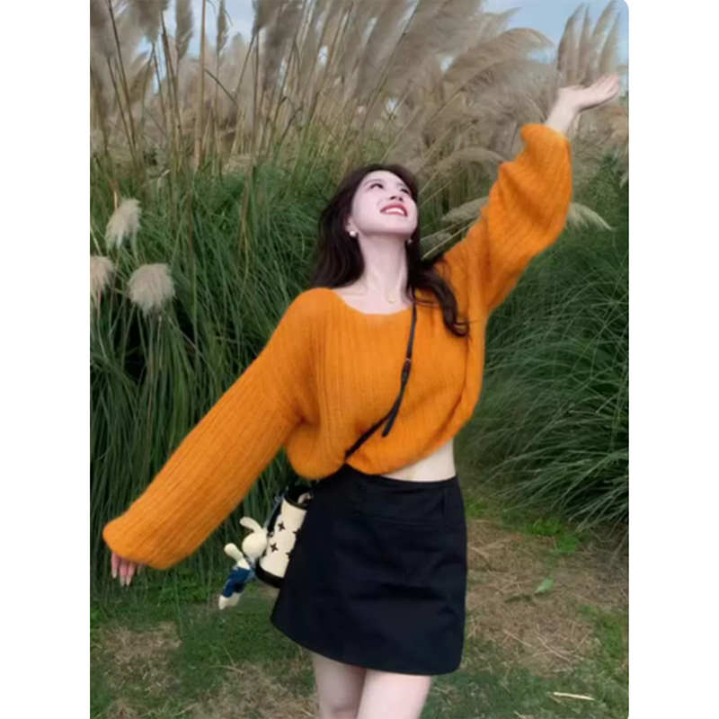 Very Beautiful Pumpkin Orange Pullover Sweater for Women, Spring and Winter, Lazy Style, High-End Feel, Loose, Soft and Long-Sleeved Knitwear