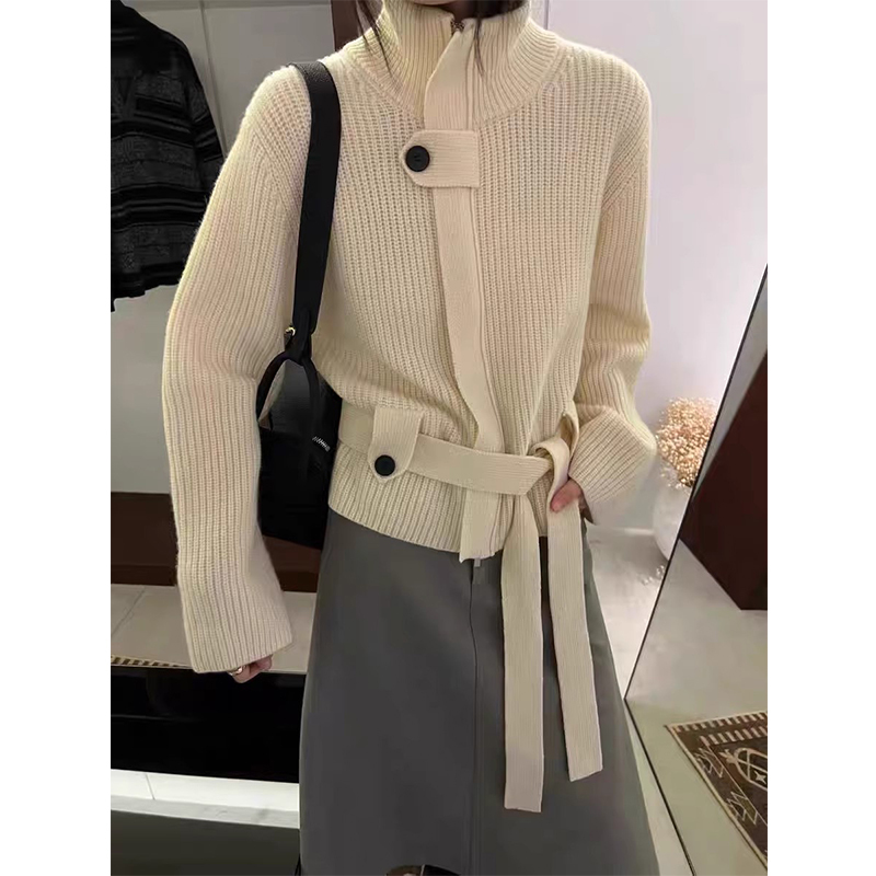 Off-White High-Neck Zippered Knitted Cardigan for Women, Winter 2025 New Style, Thickened with Tie Straps, Soft and Cozy Sweater