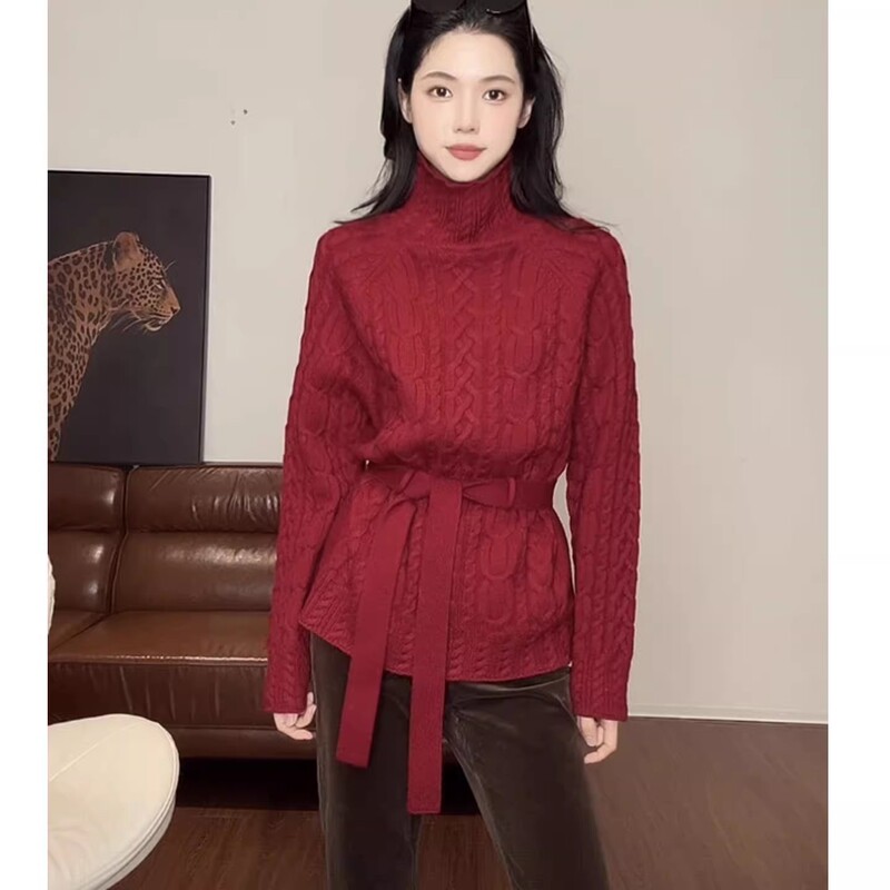 Christmas and New Year Outfit: Red Cable-Knit High-Neck Sweater for Women, Loose and Lazy Style, Suitable for Autumn and Winter, Inner Layer Knitwear