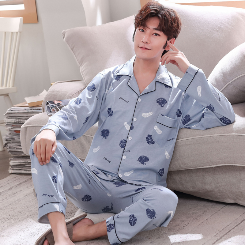 Bộ đồ ngủ mens dài tay áo bông cotton vào mùa xuân và mùa thu mùa đông mens đồ ngủ mùa hè mỏng bông xanh trung niên set cha nhà quần áo.