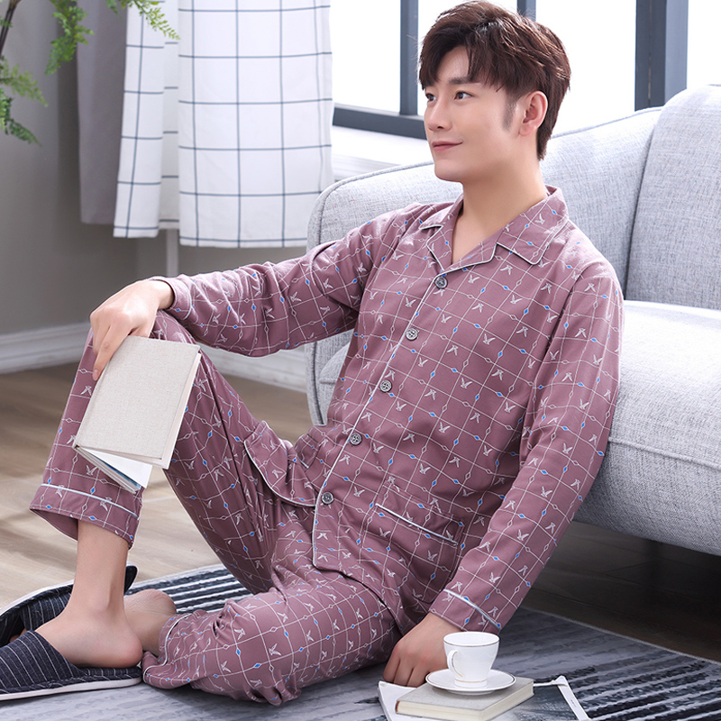 Bộ đồ ngủ mens dài tay áo bông cotton vào mùa xuân và mùa thu mùa đông mens đồ ngủ mùa hè mỏng bông xanh trung niên set cha nhà quần áo.