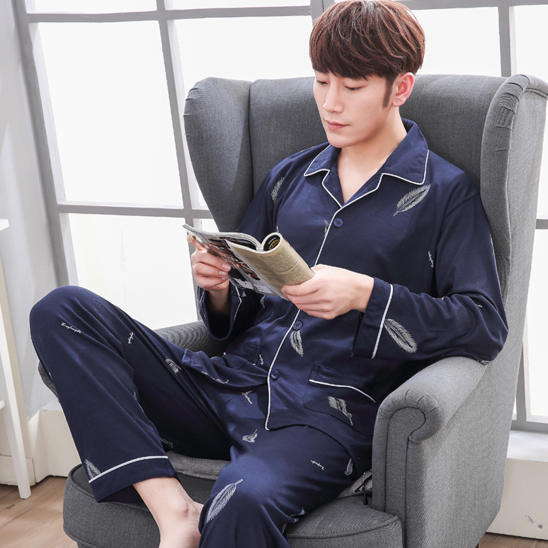 Bộ đồ ngủ mens dài tay áo bông cotton vào mùa xuân và mùa thu mùa đông mens đồ ngủ mùa hè mỏng bông xanh trung niên set cha nhà quần áo.