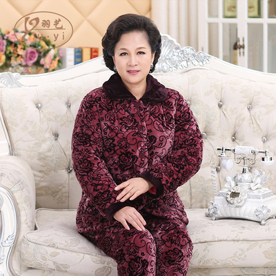 中老年人睡衣套转加厚绒三层夹棉珊瑚绒